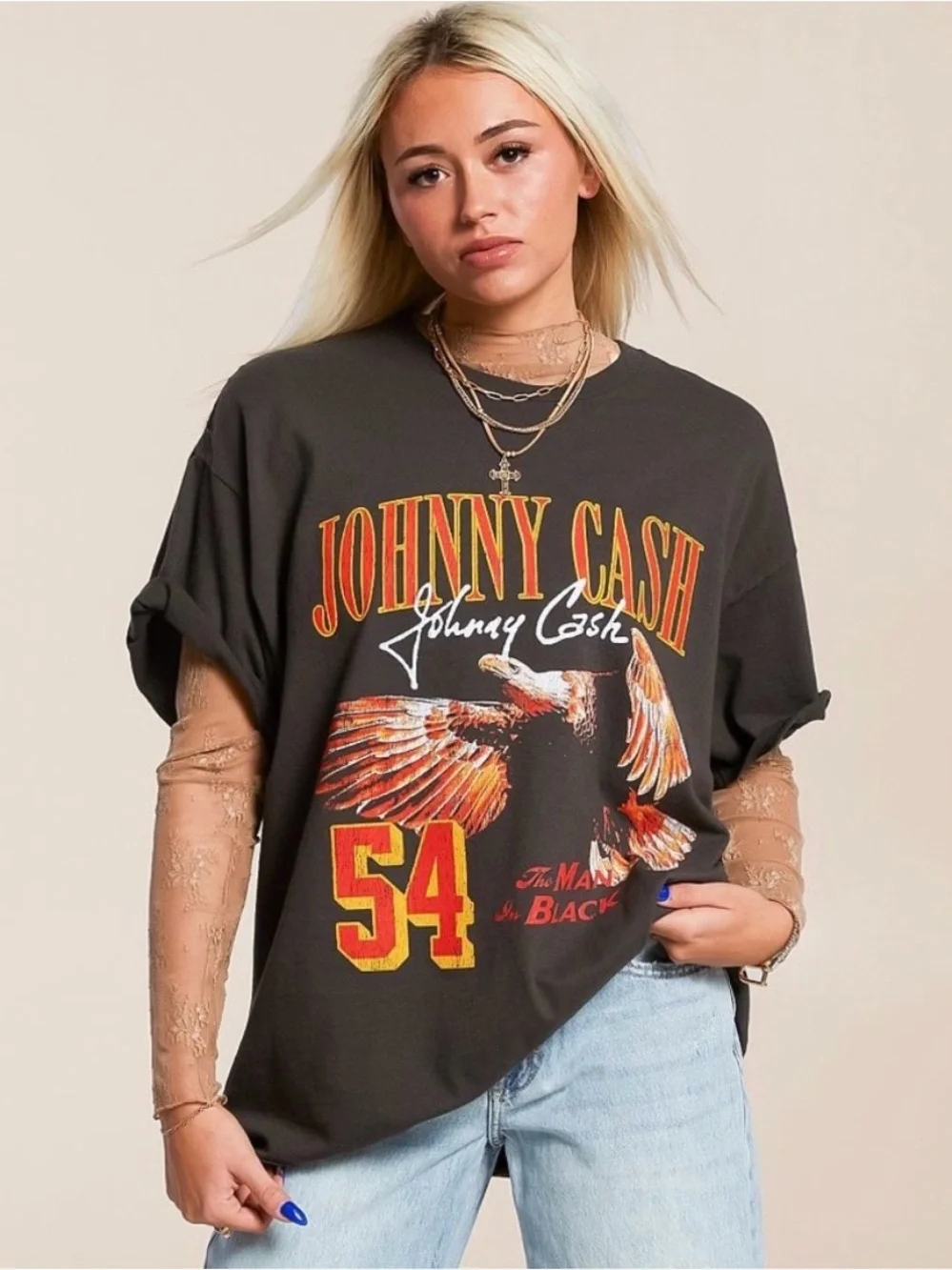 Johnny Cash Black Graphic Tee with Orange & Yellow Print - Picture 1 of 10
